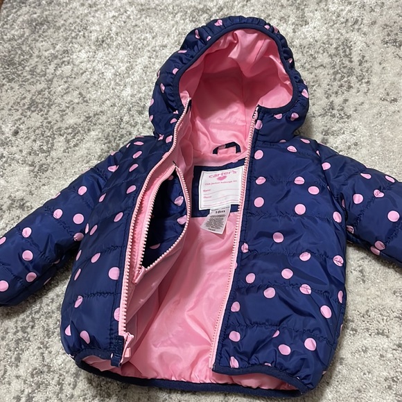 Carter’s Girls Winter Puffer Coat Navy with Pink Polka Dots - Picture 3 of 8